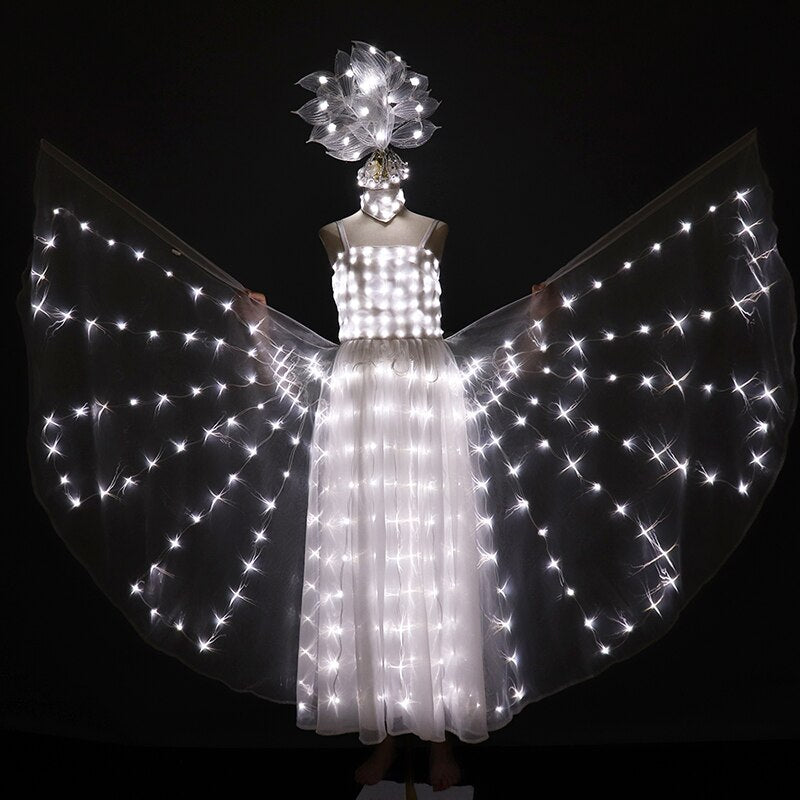 New LED Wedding Dress Women Luminous Wings Suit Fluorescent Butterfly Dance Skirt Ballet Wedding Performance Costumes