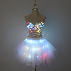 New LED Bra Tutu Skirt Colorful Flash Diamond Bra Belly Dance LED Skirt Christmas Dance Party Sexy Girl Light Up Costume