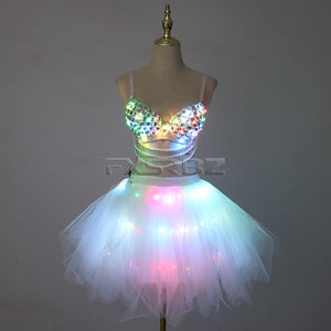 New LED Bra Tutu Skirt Colorful Flash Diamond Bra Belly Dance LED Skirt Christmas Dance Party Sexy Girl Light Up Costume