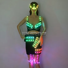 Load image into Gallery viewer, Full Color LED Costume Sexy Woman Luminous Dress Pole Dance Glowing Clothes Masked Stripper Outfits DJ DS Light Up Bra Suits
