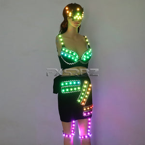 Full Color LED Costume Sexy Woman Luminous Dress Pole Dance Glowing Clothes Masked Stripper Outfits DJ DS Light Up Bra Suits